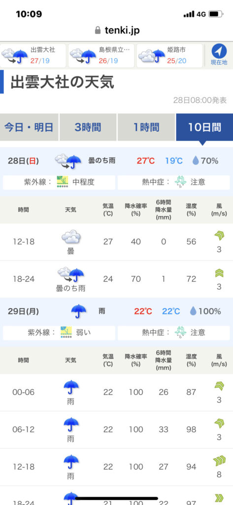 出雲大社の天気予報の画面