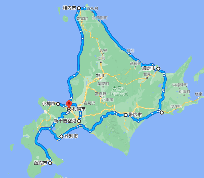 北海道一周8泊9日のドライブ旅行の走行軌跡